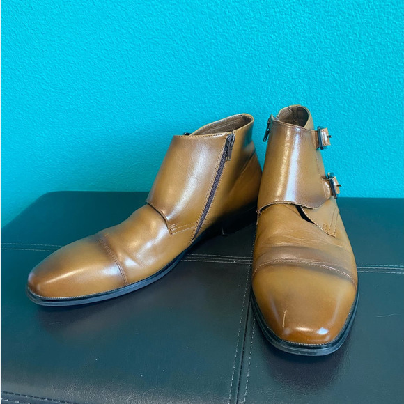 Express Men's Brown Leather Buckle Strap Ankle Boots Size 10 - Picture 2 of 12